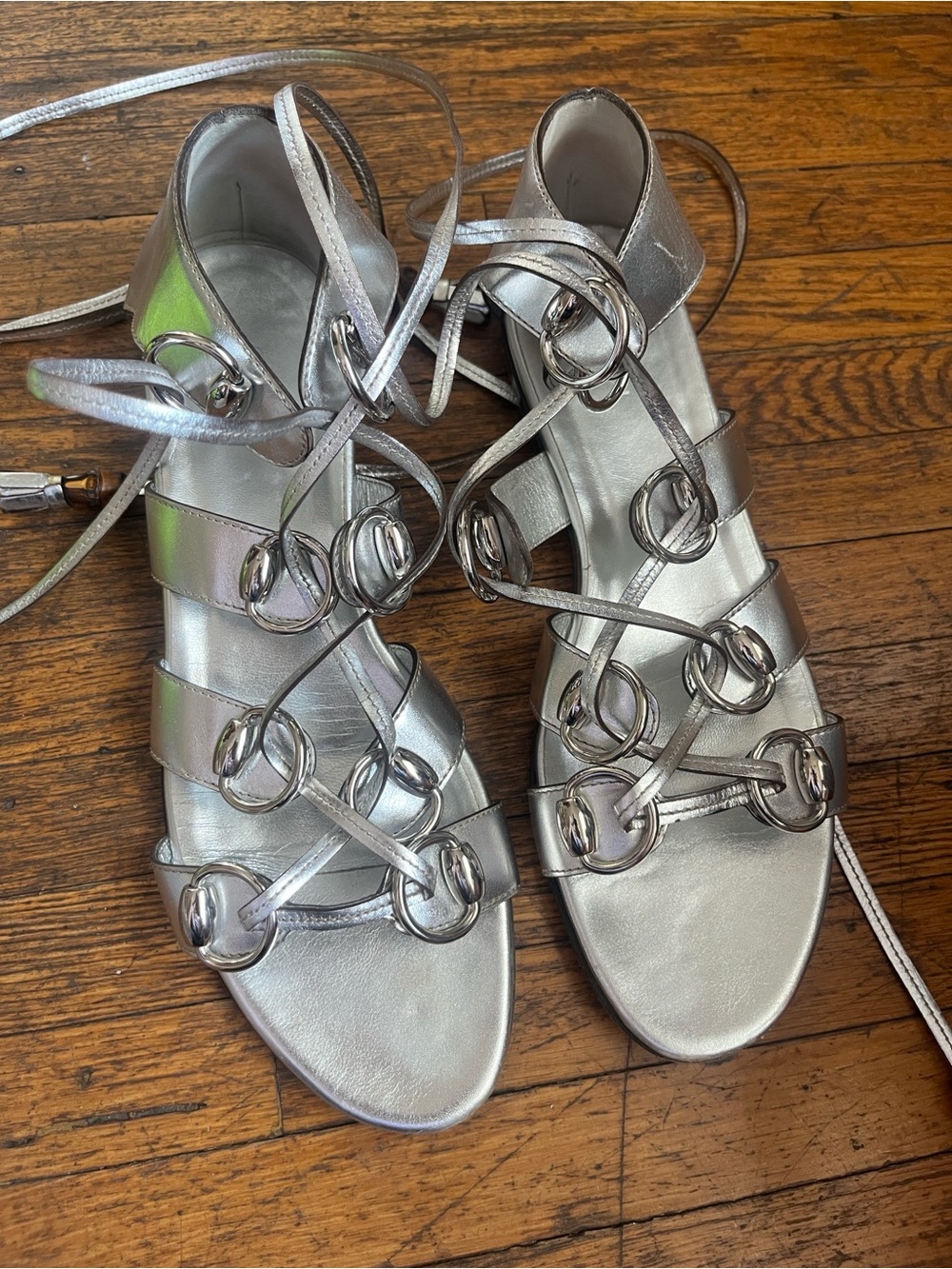 Gucci Women's Silver Gladiator Lace-Up Sandals
